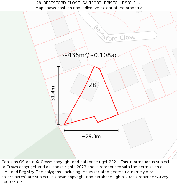 28, BERESFORD CLOSE, SALTFORD, BRISTOL, BS31 3HU: Plot and title map