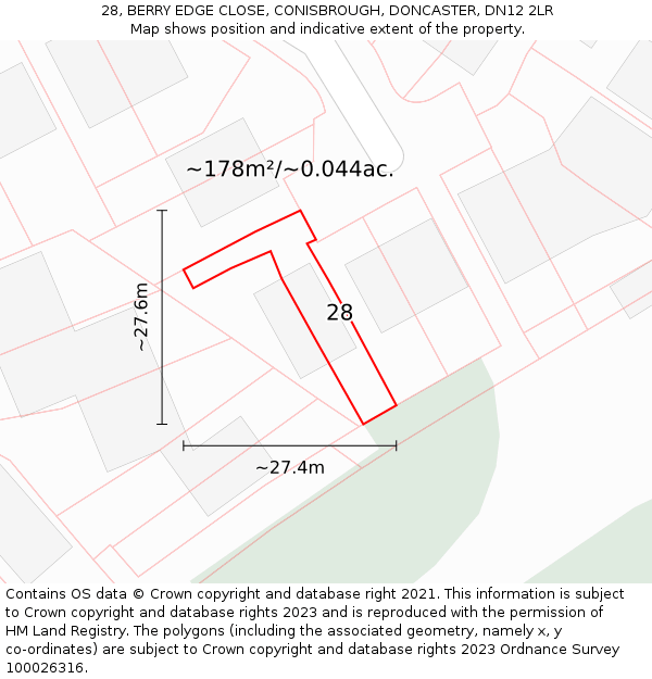 28, BERRY EDGE CLOSE, CONISBROUGH, DONCASTER, DN12 2LR: Plot and title map