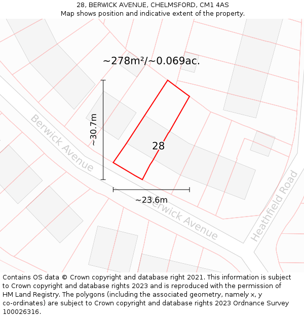 28, BERWICK AVENUE, CHELMSFORD, CM1 4AS: Plot and title map
