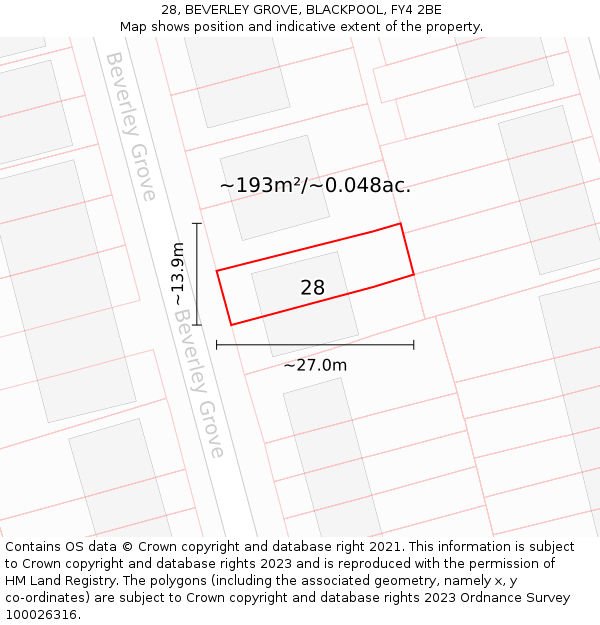 28, BEVERLEY GROVE, BLACKPOOL, FY4 2BE: Plot and title map