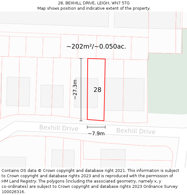 28, BEXHILL DRIVE, LEIGH, WN7 5TG: Plot and title map