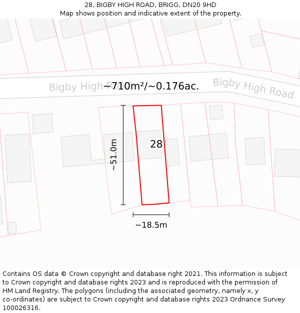 28, BIGBY HIGH ROAD, BRIGG, DN20 9HD: Plot and title map