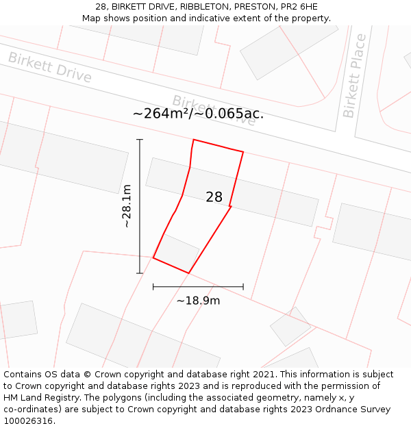 28, BIRKETT DRIVE, RIBBLETON, PRESTON, PR2 6HE: Plot and title map