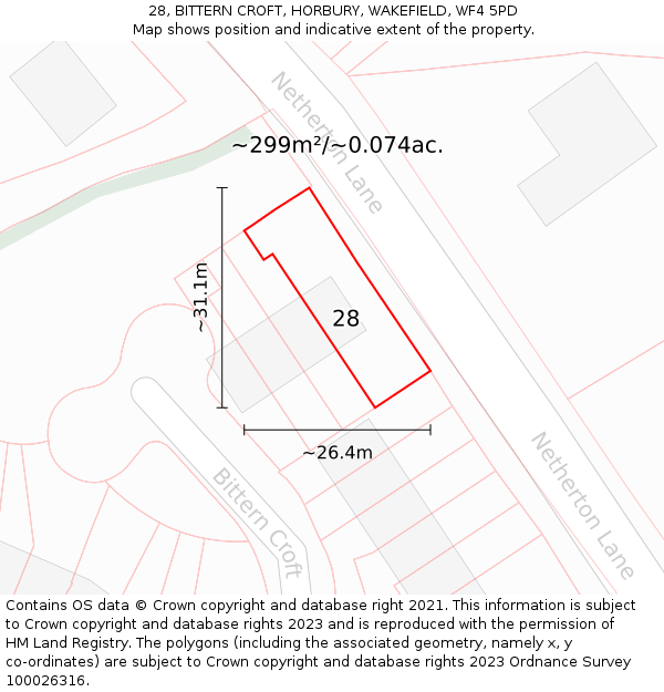 28, BITTERN CROFT, HORBURY, WAKEFIELD, WF4 5PD: Plot and title map