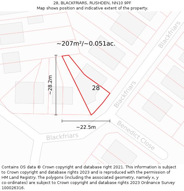 28, BLACKFRIARS, RUSHDEN, NN10 9PF: Plot and title map