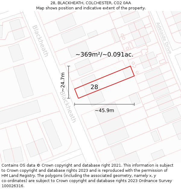 28, BLACKHEATH, COLCHESTER, CO2 0AA: Plot and title map