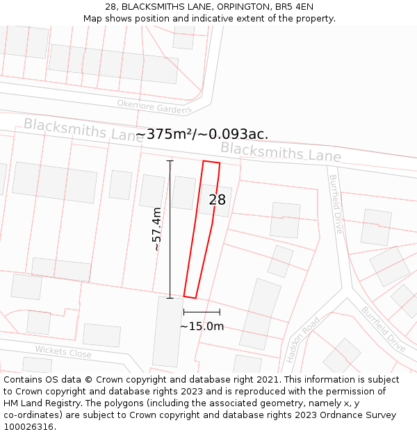 28, BLACKSMITHS LANE, ORPINGTON, BR5 4EN: Plot and title map