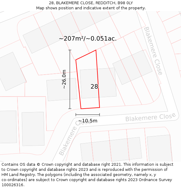 28, BLAKEMERE CLOSE, REDDITCH, B98 0LY: Plot and title map