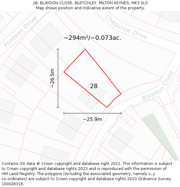 28, BLAYDON CLOSE, BLETCHLEY, MILTON KEYNES, MK3 5LS: Plot and title map