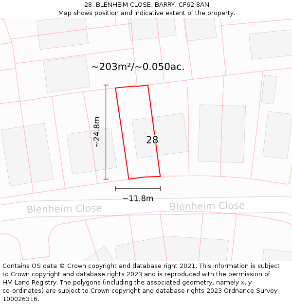 28, BLENHEIM CLOSE, BARRY, CF62 8AN: Plot and title map