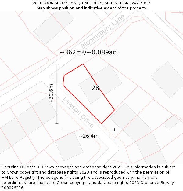28, BLOOMSBURY LANE, TIMPERLEY, ALTRINCHAM, WA15 6LX: Plot and title map