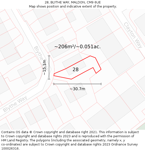 28, BLYTHE WAY, MALDON, CM9 6UE: Plot and title map