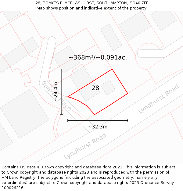 28, BOAKES PLACE, ASHURST, SOUTHAMPTON, SO40 7FF: Plot and title map