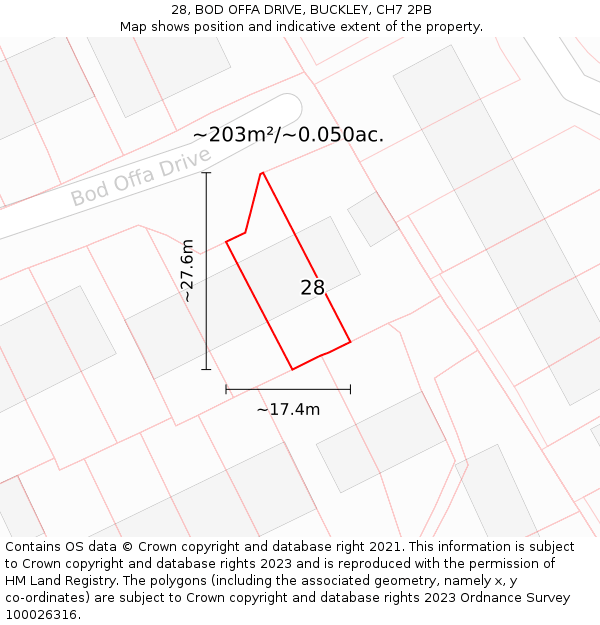 28, BOD OFFA DRIVE, BUCKLEY, CH7 2PB: Plot and title map