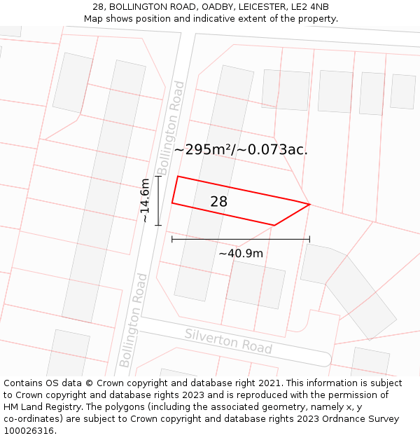 28, BOLLINGTON ROAD, OADBY, LEICESTER, LE2 4NB: Plot and title map
