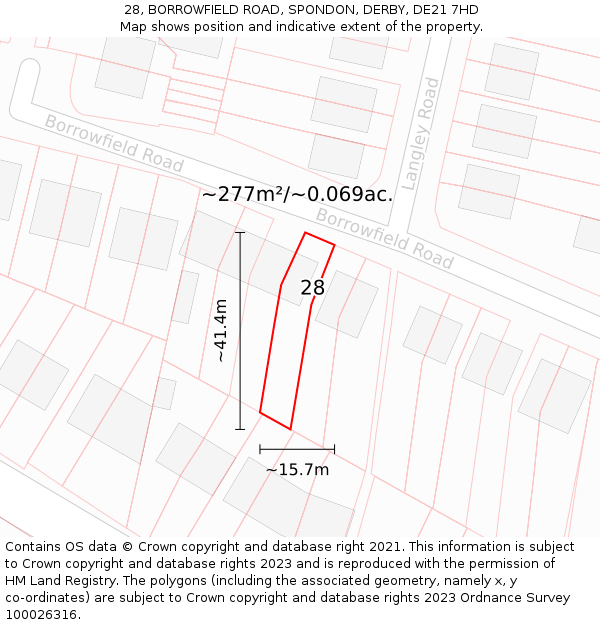28, BORROWFIELD ROAD, SPONDON, DERBY, DE21 7HD: Plot and title map
