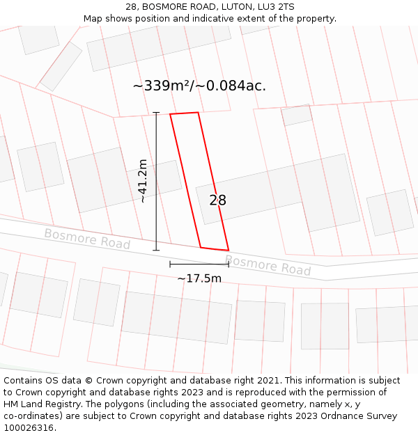 28, BOSMORE ROAD, LUTON, LU3 2TS: Plot and title map
