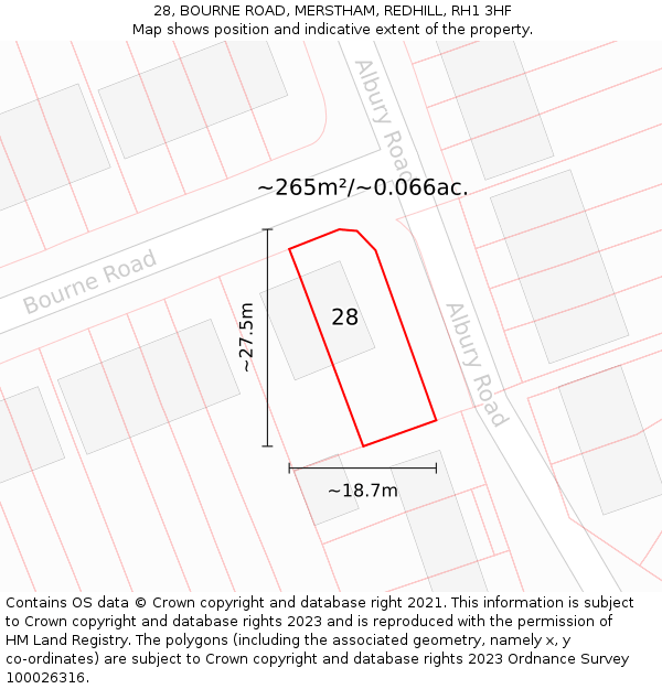 28, BOURNE ROAD, MERSTHAM, REDHILL, RH1 3HF: Plot and title map