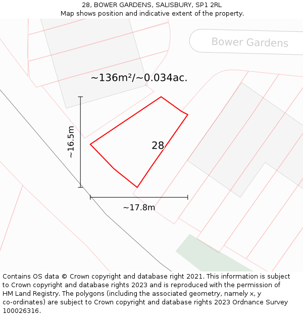 28, BOWER GARDENS, SALISBURY, SP1 2RL: Plot and title map