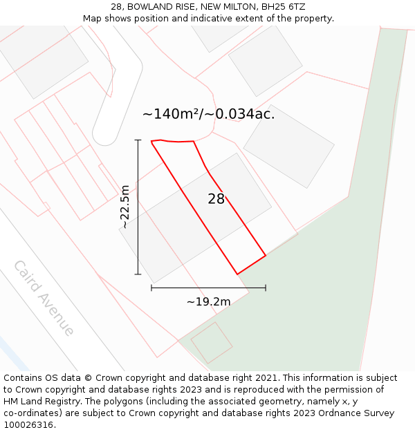 28, BOWLAND RISE, NEW MILTON, BH25 6TZ: Plot and title map