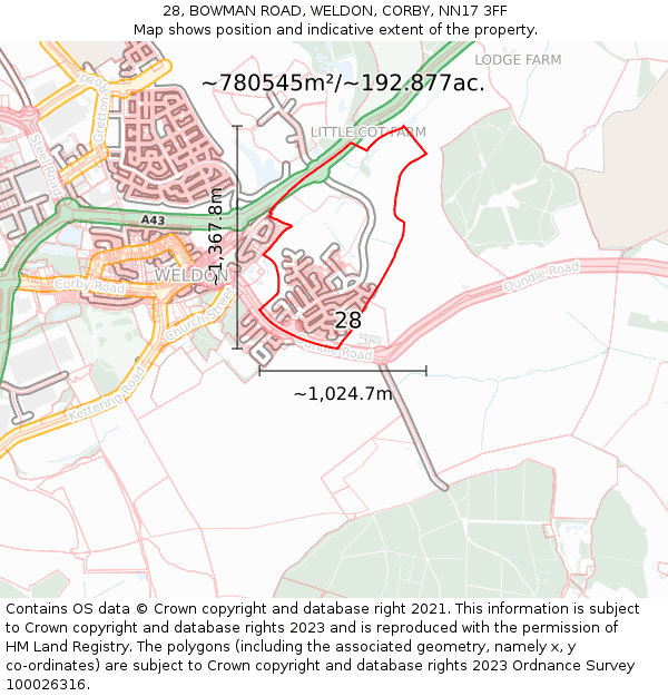 28, BOWMAN ROAD, WELDON, CORBY, NN17 3FF: Plot and title map