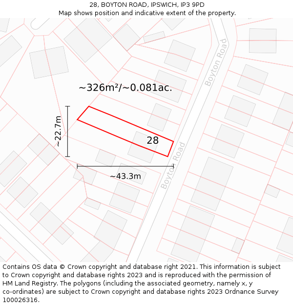 28, BOYTON ROAD, IPSWICH, IP3 9PD: Plot and title map