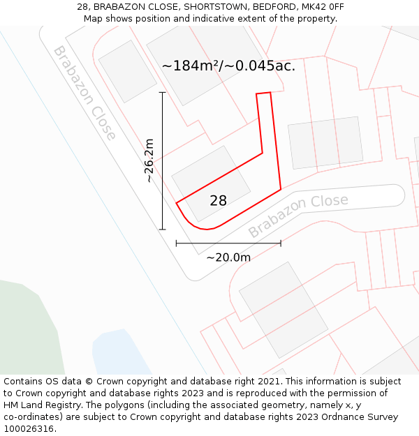 28, BRABAZON CLOSE, SHORTSTOWN, BEDFORD, MK42 0FF: Plot and title map
