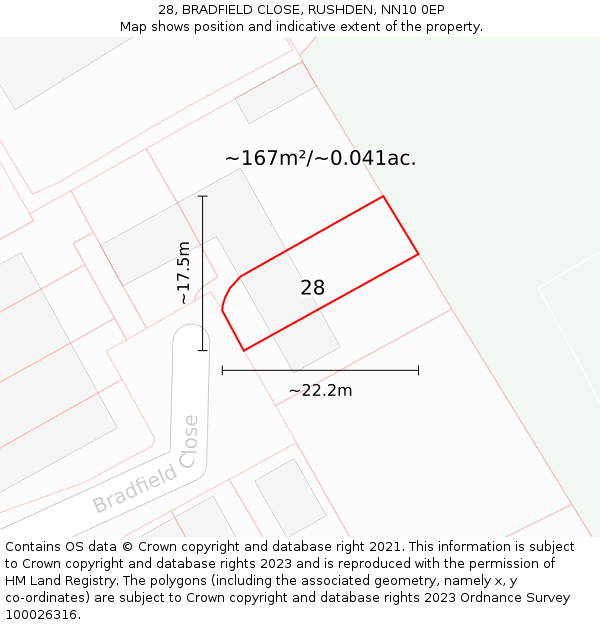 28, BRADFIELD CLOSE, RUSHDEN, NN10 0EP: Plot and title map