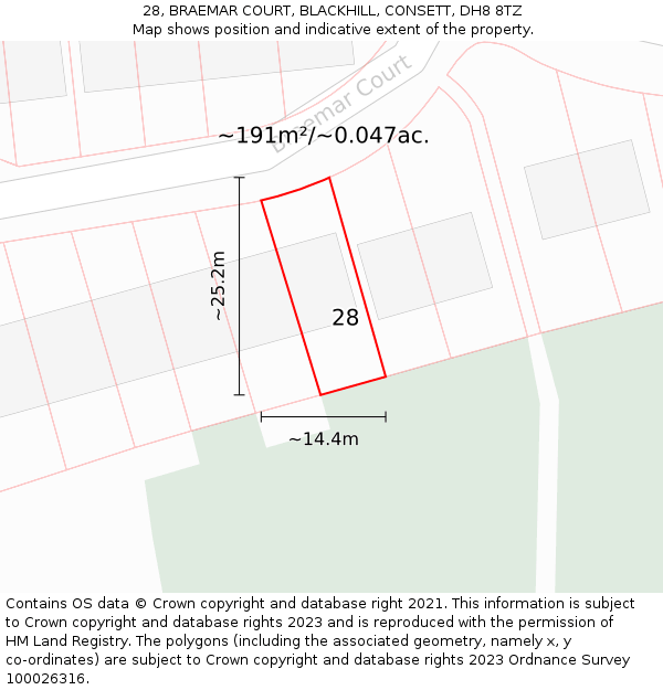 28, BRAEMAR COURT, BLACKHILL, CONSETT, DH8 8TZ: Plot and title map