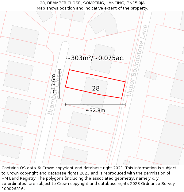 28, BRAMBER CLOSE, SOMPTING, LANCING, BN15 0JA: Plot and title map