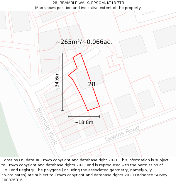 28, BRAMBLE WALK, EPSOM, KT18 7TB: Plot and title map