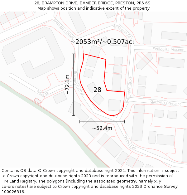 28, BRAMPTON DRIVE, BAMBER BRIDGE, PRESTON, PR5 6SH: Plot and title map