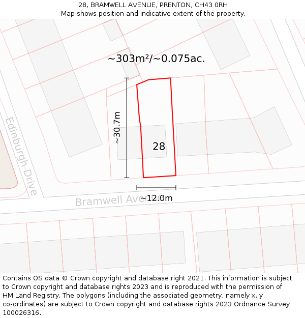 28, BRAMWELL AVENUE, PRENTON, CH43 0RH: Plot and title map