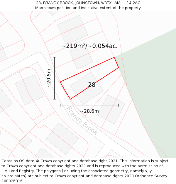 28, BRANDY BROOK, JOHNSTOWN, WREXHAM, LL14 2AG: Plot and title map