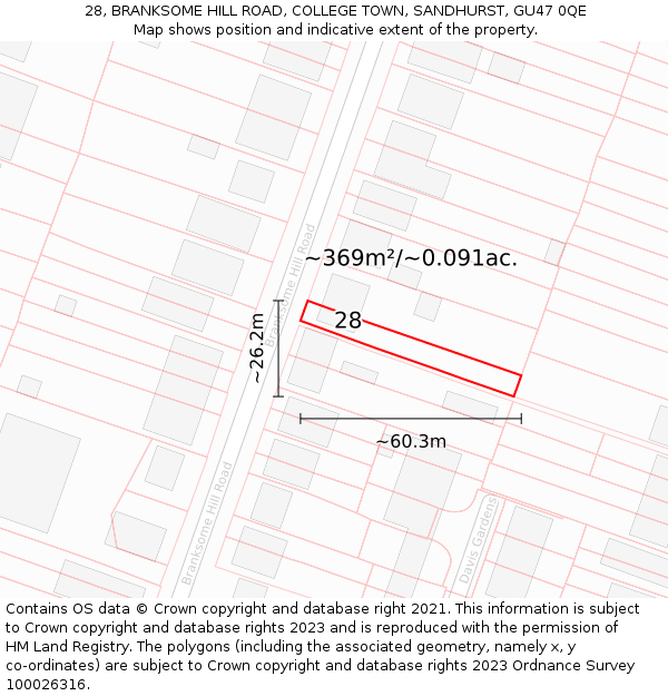 28, BRANKSOME HILL ROAD, COLLEGE TOWN, SANDHURST, GU47 0QE: Plot and title map