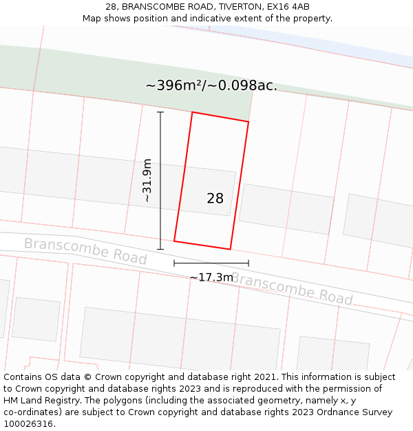 28, BRANSCOMBE ROAD, TIVERTON, EX16 4AB: Plot and title map