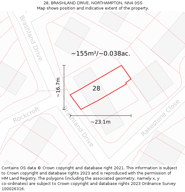 28, BRASHLAND DRIVE, NORTHAMPTON, NN4 0SS: Plot and title map