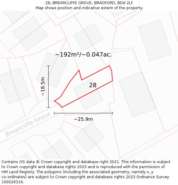 28, BREARCLIFFE GROVE, BRADFORD, BD6 2LF: Plot and title map