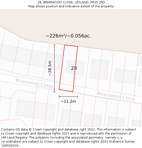 28, BRIARWOOD CLOSE, LEYLAND, PR25 1RD: Plot and title map