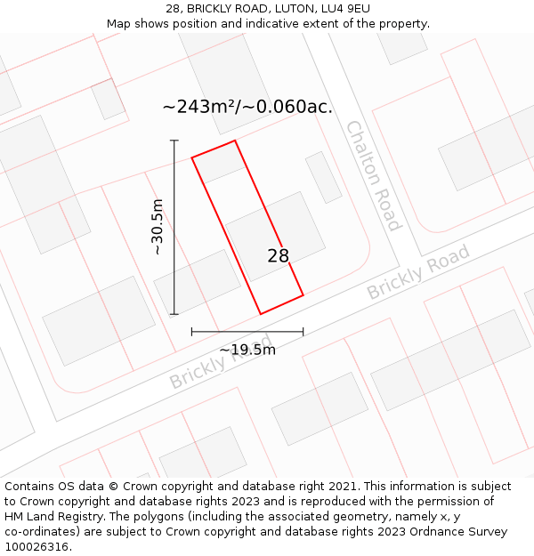 28, BRICKLY ROAD, LUTON, LU4 9EU: Plot and title map