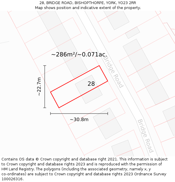 28, BRIDGE ROAD, BISHOPTHORPE, YORK, YO23 2RR: Plot and title map