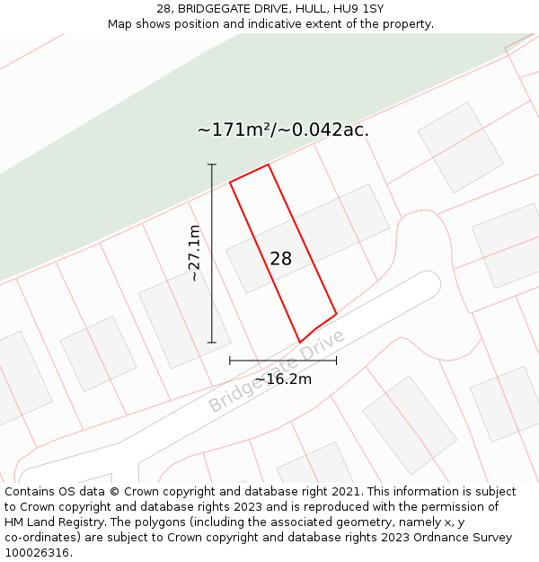 28, BRIDGEGATE DRIVE, HULL, HU9 1SY: Plot and title map