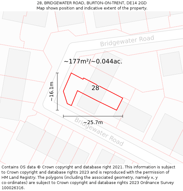 28, BRIDGEWATER ROAD, BURTON-ON-TRENT, DE14 2GD: Plot and title map