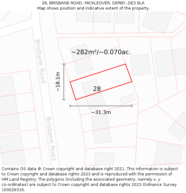 28, BRISBANE ROAD, MICKLEOVER, DERBY, DE3 9LA: Plot and title map