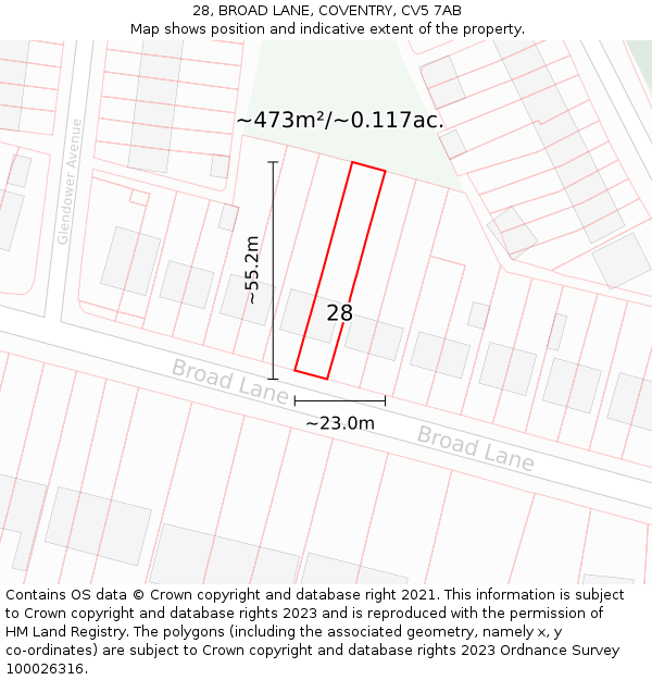 28, BROAD LANE, COVENTRY, CV5 7AB: Plot and title map