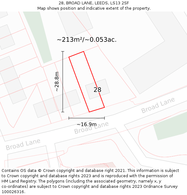 28, BROAD LANE, LEEDS, LS13 2SF: Plot and title map