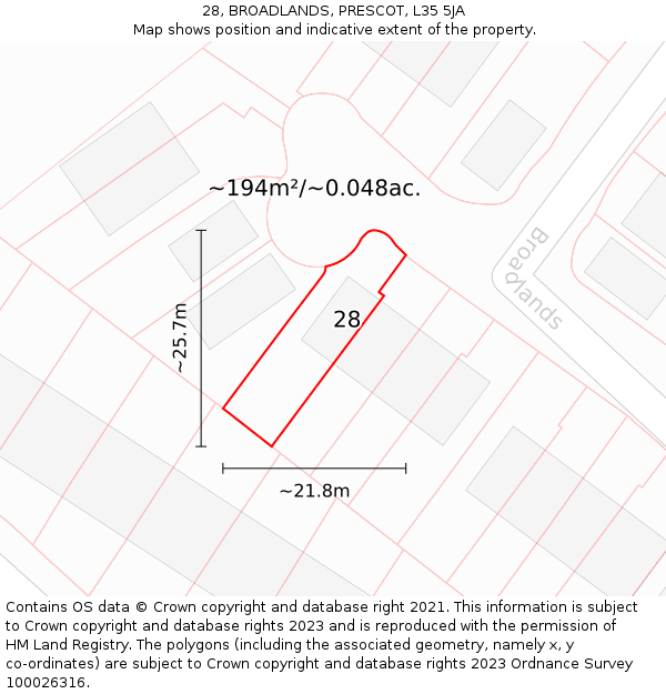 28, BROADLANDS, PRESCOT, L35 5JA: Plot and title map