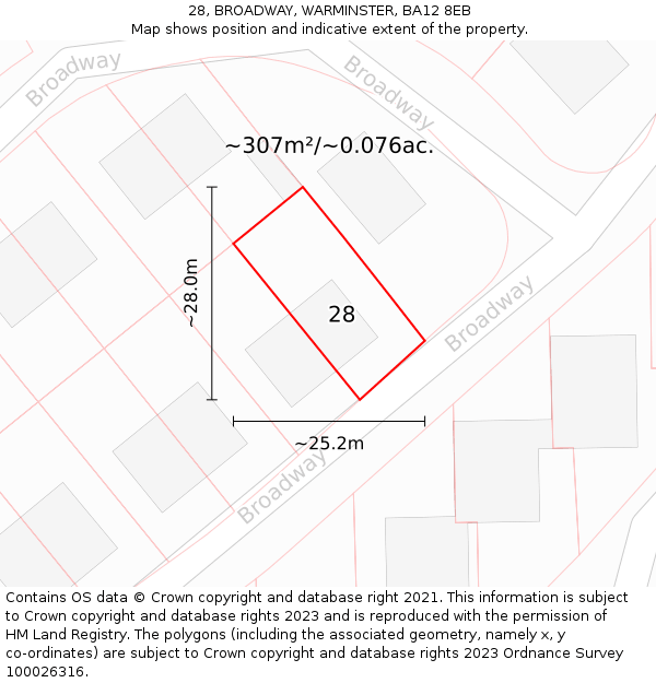 28, BROADWAY, WARMINSTER, BA12 8EB: Plot and title map