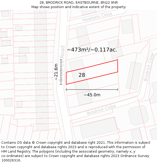28, BRODRICK ROAD, EASTBOURNE, BN22 9NR: Plot and title map