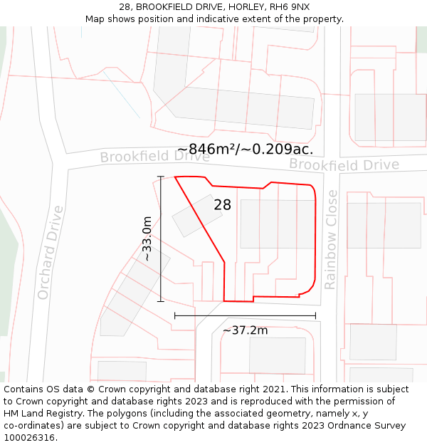 28, BROOKFIELD DRIVE, HORLEY, RH6 9NX: Plot and title map
